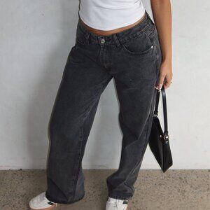 White Fox Boutique Bring The Style Low Rise Wide Leg Jeans Black Acid Wash 100%